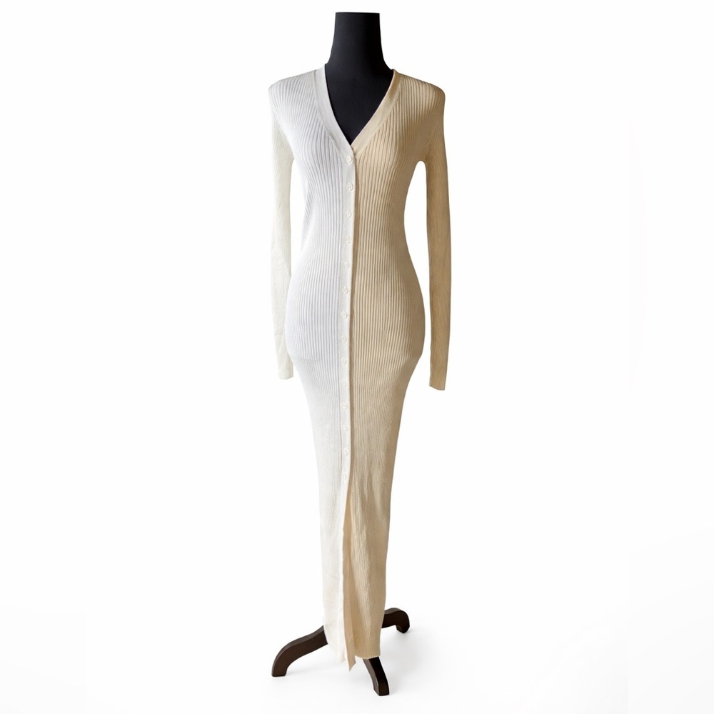 NWT Staud Shoko Ribbed Knit Two-Tone Midi Dress XS V-Neck Button Front